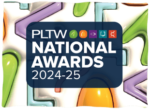 An image that features pastel-colored shapes on a white background. The words PLTW National Awards 2024-25 sit on top of the background on a slightly transparent dark blue box with rounded corners.