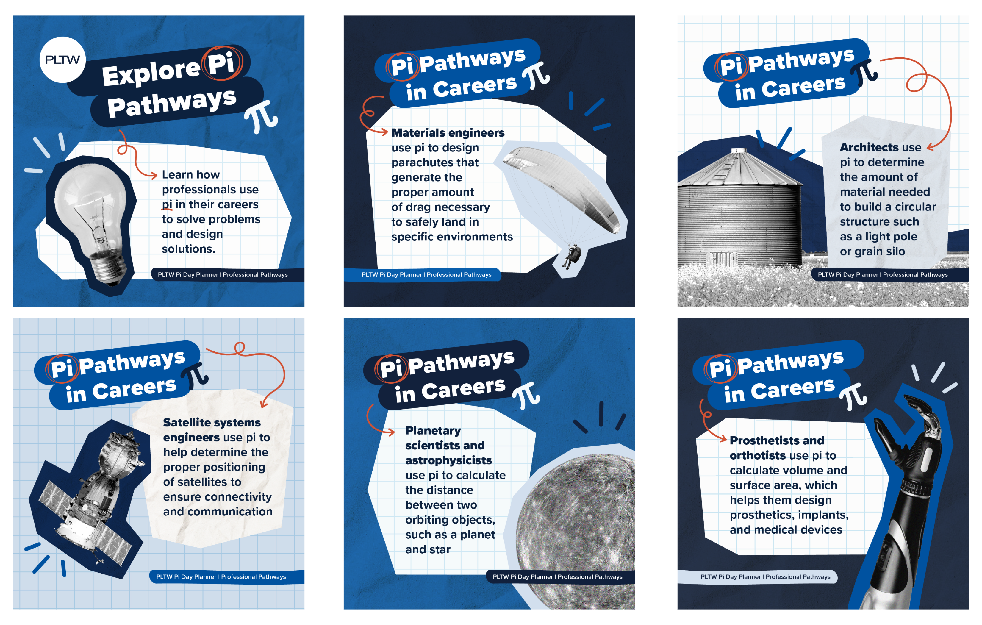 A group of six square graphics with light or dark blue backgrounds, placed in two rows with three images on each row. Images have light or dark blue backgrounds. All graphics have text and an image (from left to right): Lightbulb, plastic material, grain silo, satellite, the moon, a prosthetic arm.