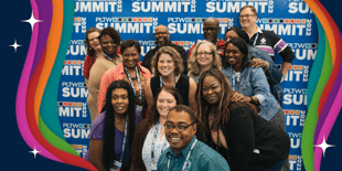 A group of people standing and smiling at a PLTW Summit event, with a colorful graphic border around the image.