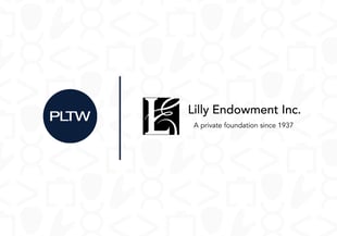 Blue circle PLTW logo separated from the Lilly Endowment Logo by a dark vertical line on a patterned white background. 